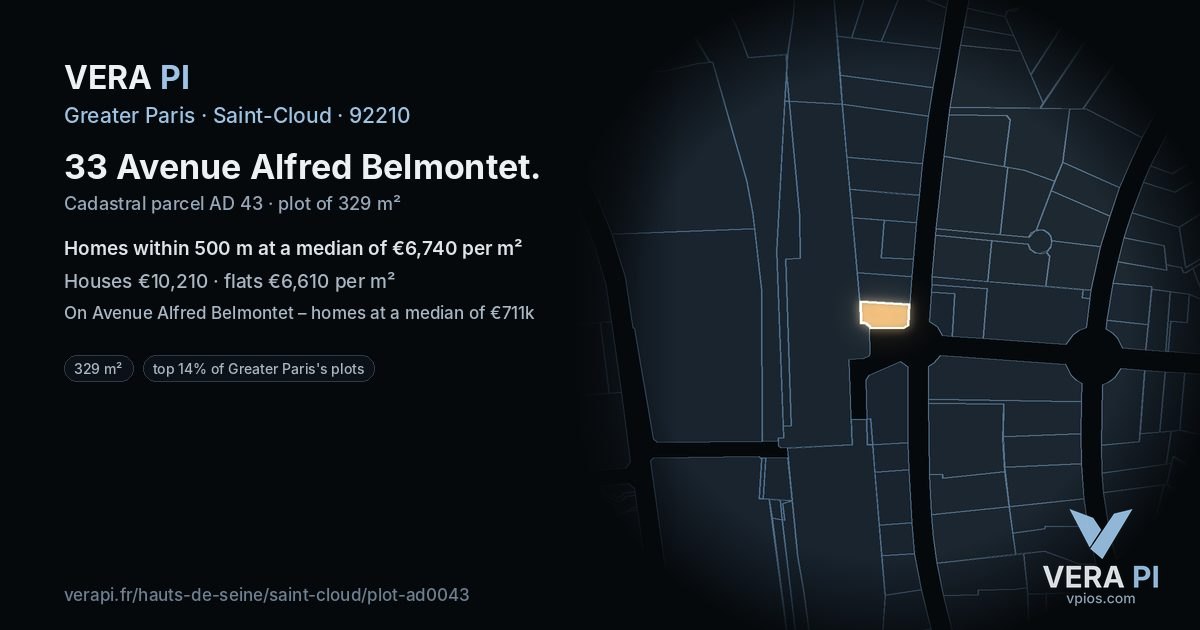 33 Avenue Alfred Belmontet, Saint-Cloud at night – the plot lit, the parcels around coloured by the prices near them