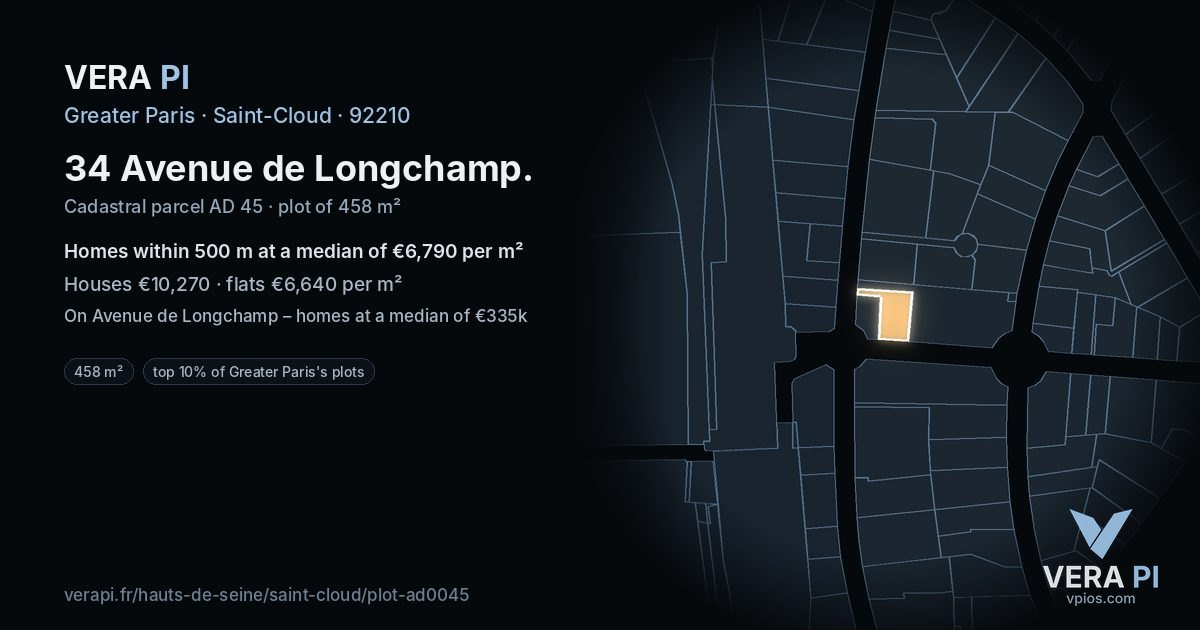 34 Avenue de Longchamp, Saint-Cloud at night – the plot lit, the parcels around coloured by the prices near them