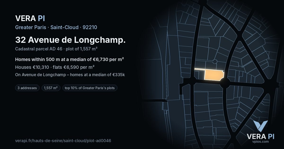 32 Avenue de Longchamp, Saint-Cloud at night – the plot lit, the parcels around coloured by the prices near them