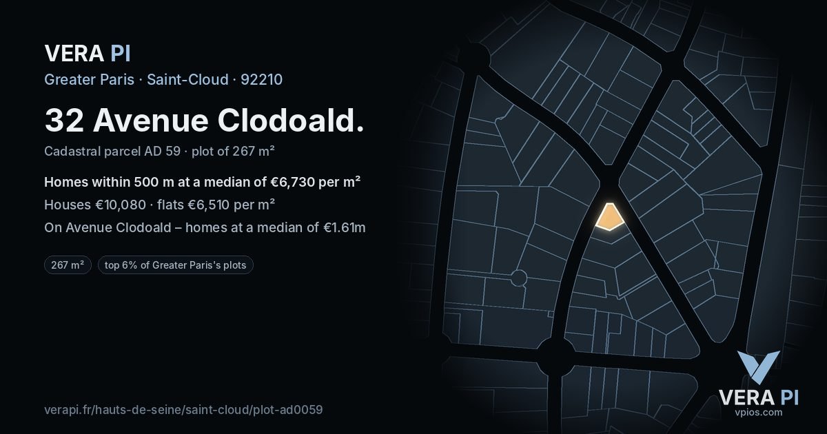 32 Avenue Clodoald, Saint-Cloud at night – the plot lit, the parcels around coloured by the prices near them