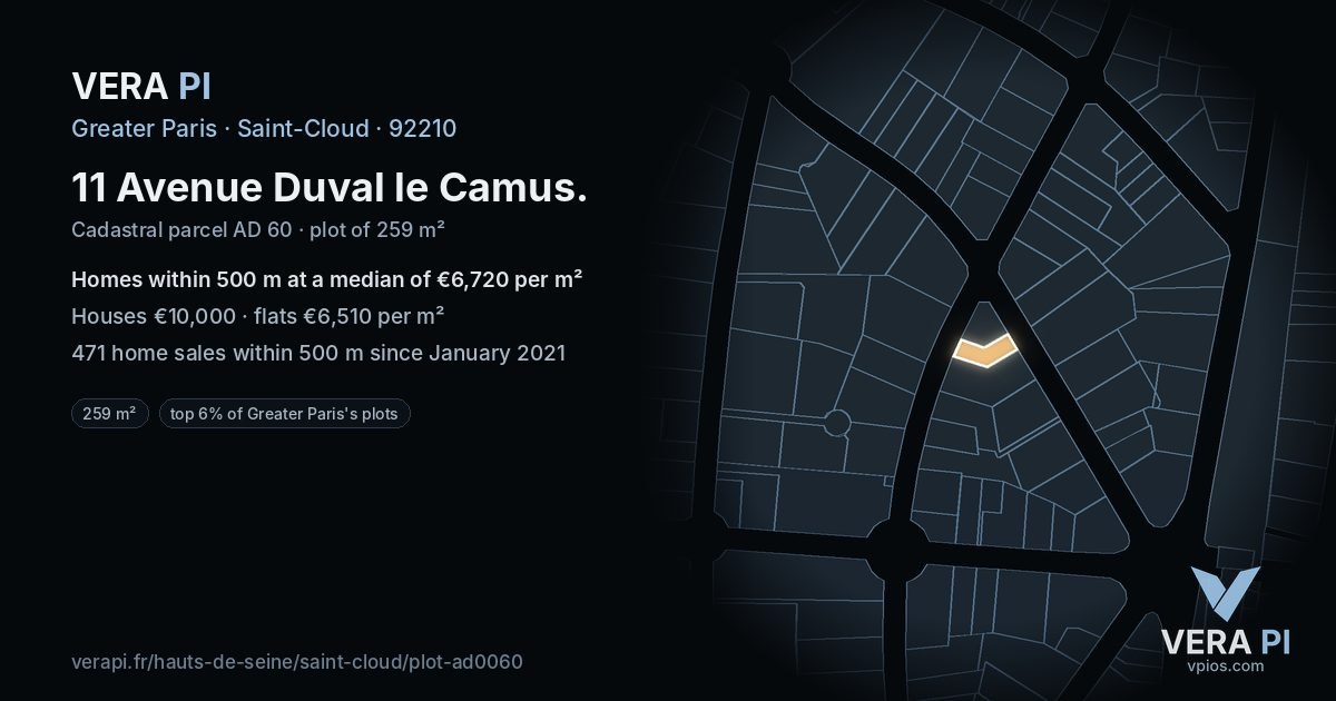 11 Avenue Duval le Camus, Saint-Cloud at night – the plot lit, the parcels around coloured by the prices near them