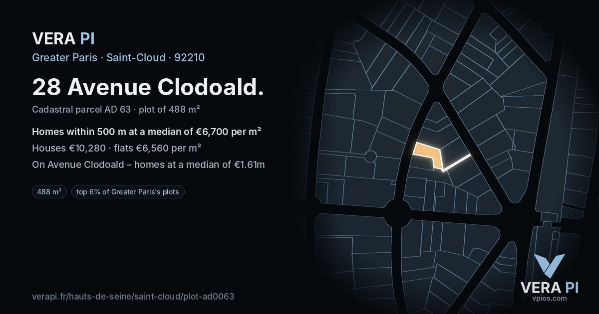 28 Avenue Clodoald, Saint-Cloud at night – the plot lit, the parcels around coloured by the prices near them