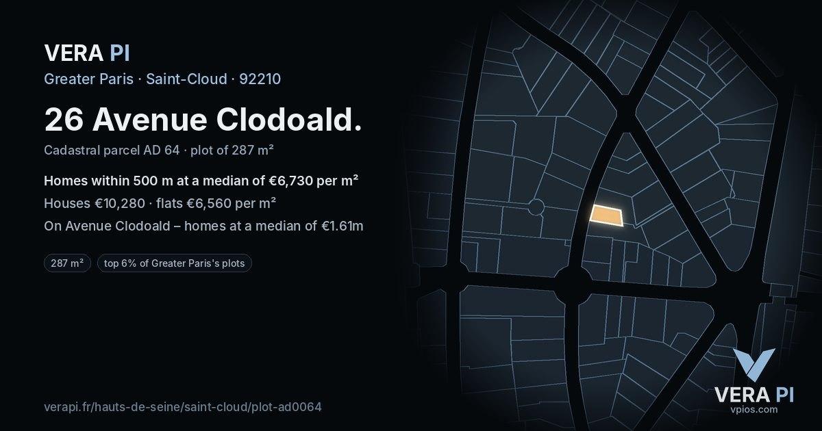 26 Avenue Clodoald, Saint-Cloud at night – the plot lit, the parcels around coloured by the prices near them