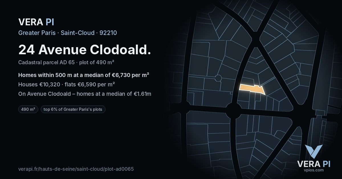 24 Avenue Clodoald, Saint-Cloud at night – the plot lit, the parcels around coloured by the prices near them
