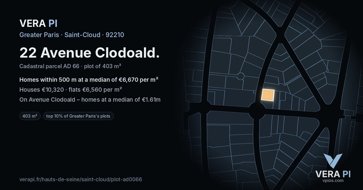 22 Avenue Clodoald, Saint-Cloud at night – the plot lit, the parcels around coloured by the prices near them
