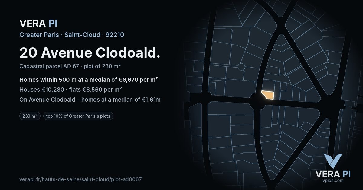 20 Avenue Clodoald, Saint-Cloud at night – the plot lit, the parcels around coloured by the prices near them