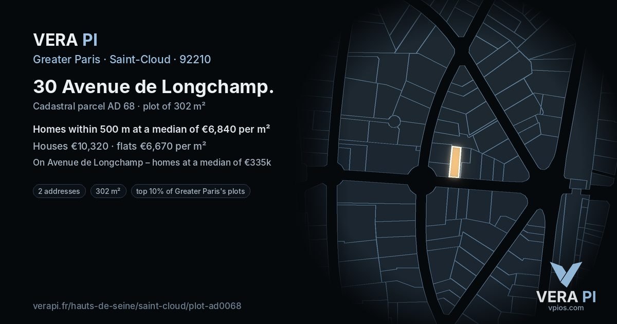 30 Avenue de Longchamp, Saint-Cloud at night – the plot lit, the parcels around coloured by the prices near them
