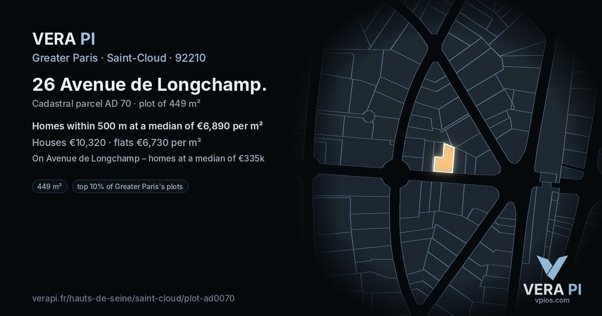 26 Avenue de Longchamp, Saint-Cloud at night – the plot lit, the parcels around coloured by the prices near them