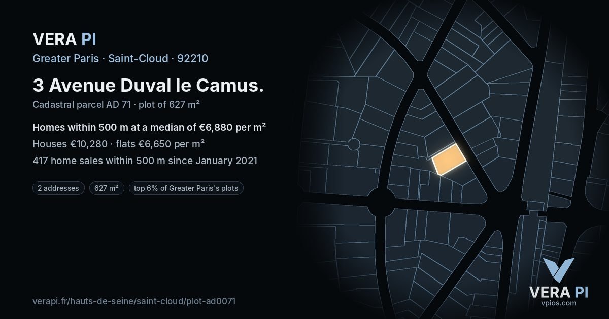 3 Avenue Duval le Camus, Saint-Cloud at night – the plot lit, the parcels around coloured by the prices near them