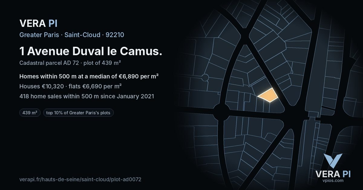 1 Avenue Duval le Camus, Saint-Cloud at night – the plot lit, the parcels around coloured by the prices near them