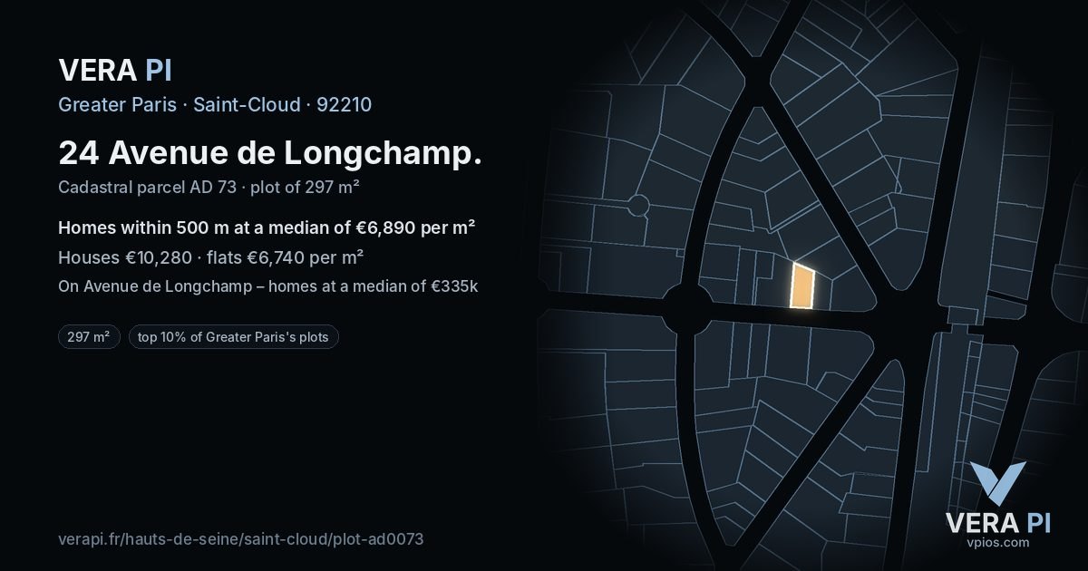 24 Avenue de Longchamp, Saint-Cloud at night – the plot lit, the parcels around coloured by the prices near them