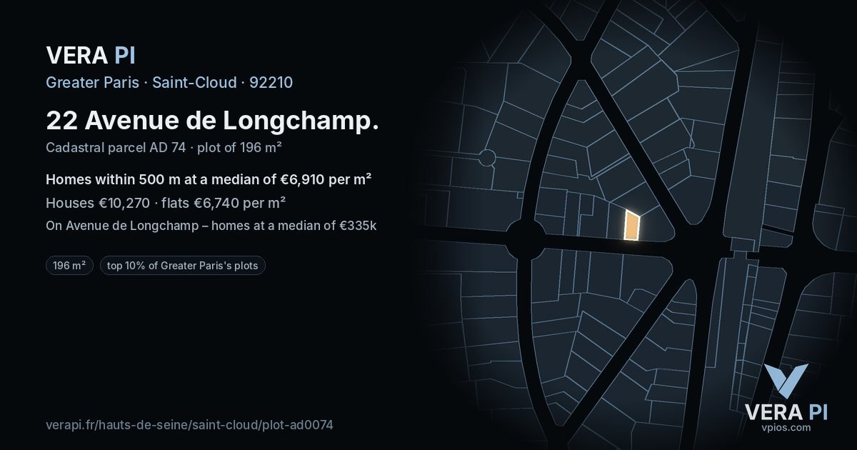22 Avenue de Longchamp, Saint-Cloud at night – the plot lit, the parcels around coloured by the prices near them
