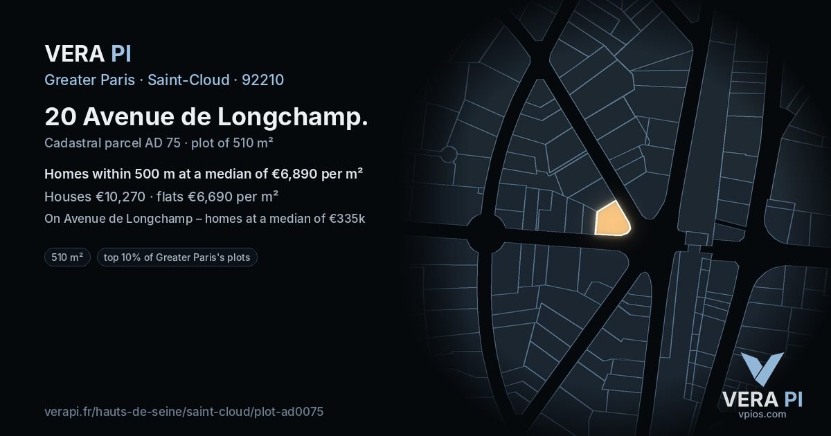 20 Avenue de Longchamp, Saint-Cloud at night – the plot lit, the parcels around coloured by the prices near them