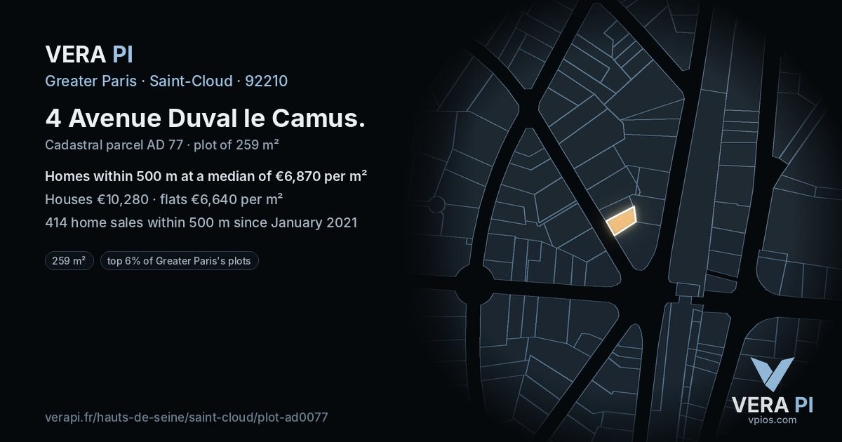 4 Avenue Duval le Camus, Saint-Cloud at night – the plot lit, the parcels around coloured by the prices near them