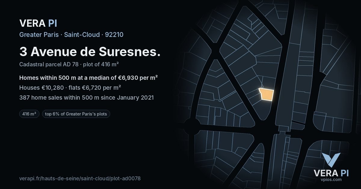 3 Avenue de Suresnes, Saint-Cloud at night – the plot lit, the parcels around coloured by the prices near them