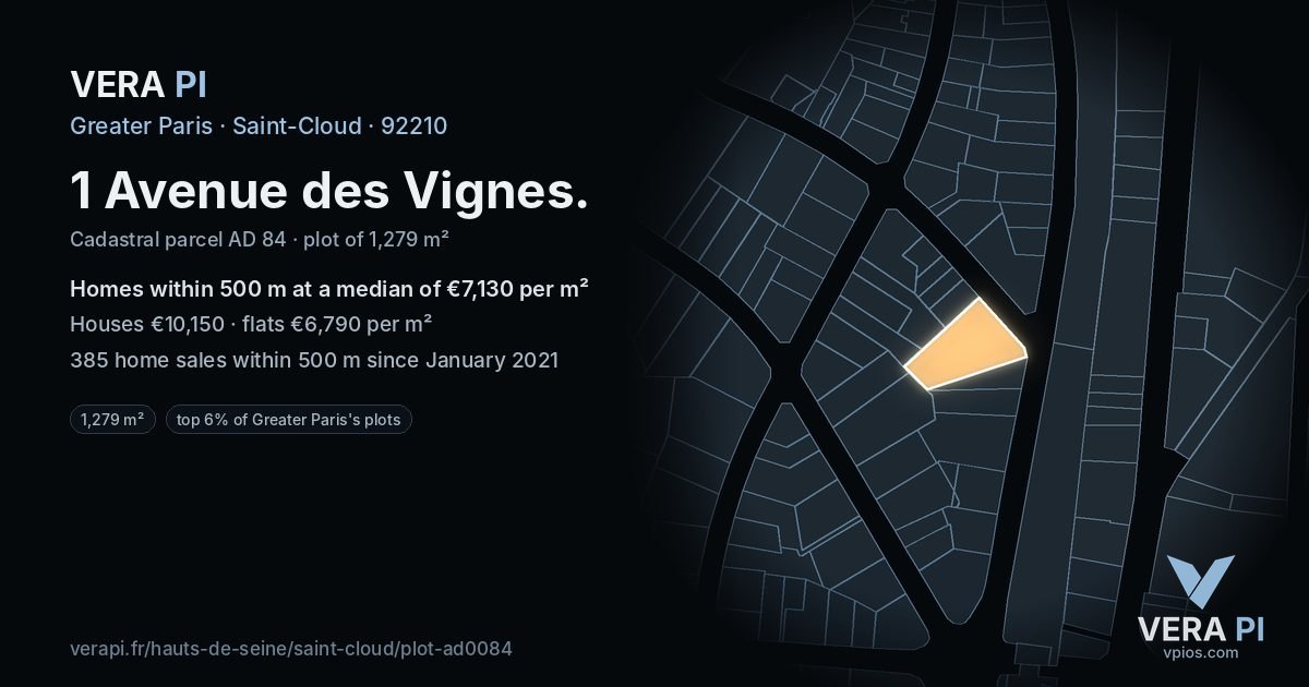 1 Avenue des Vignes, Saint-Cloud at night – the plot lit, the parcels around coloured by the prices near them