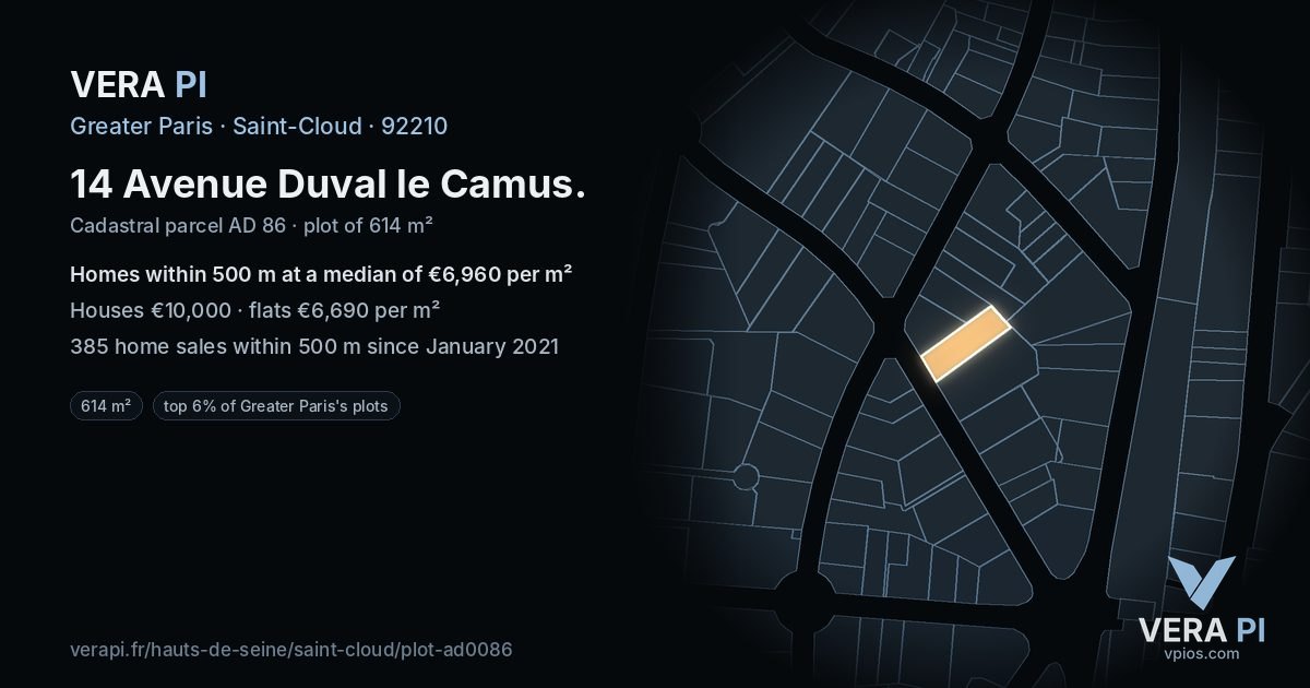 14 Avenue Duval le Camus, Saint-Cloud at night – the plot lit, the parcels around coloured by the prices near them
