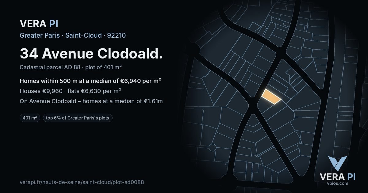 34 Avenue Clodoald, Saint-Cloud at night – the plot lit, the parcels around coloured by the prices near them