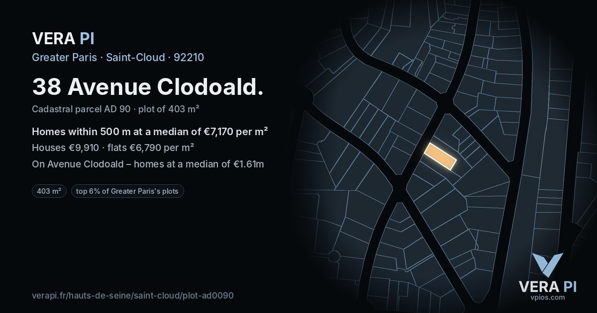 38 Avenue Clodoald, Saint-Cloud at night – the plot lit, the parcels around coloured by the prices near them