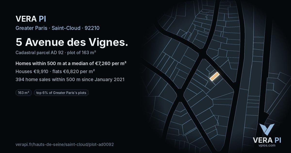 5 Avenue des Vignes, Saint-Cloud at night – the plot lit, the parcels around coloured by the prices near them