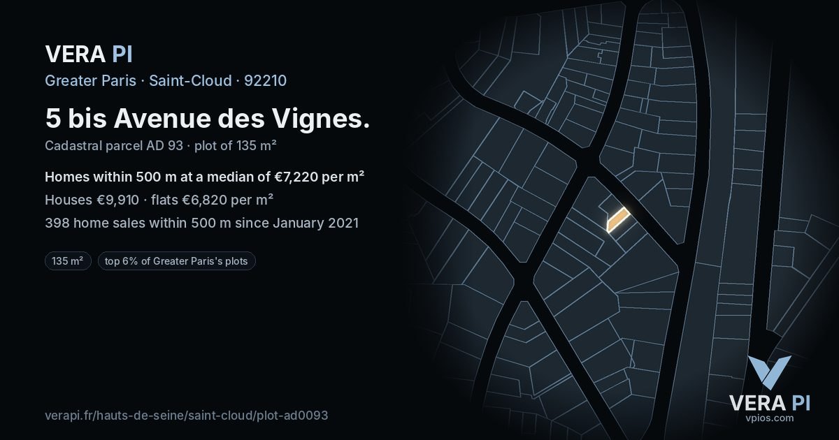 5 bis Avenue des Vignes, Saint-Cloud at night – the plot lit, the parcels around coloured by the prices near them