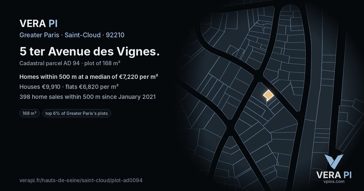 5 ter Avenue des Vignes, Saint-Cloud at night – the plot lit, the parcels around coloured by the prices near them