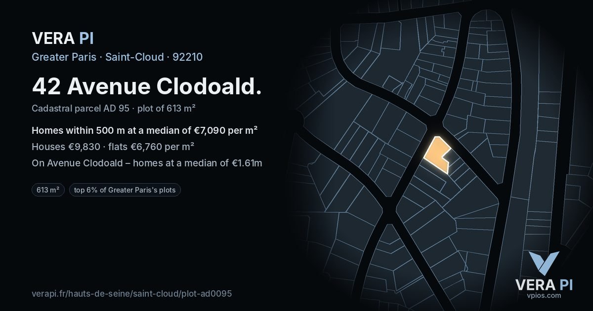 42 Avenue Clodoald, Saint-Cloud at night – the plot lit, the parcels around coloured by the prices near them