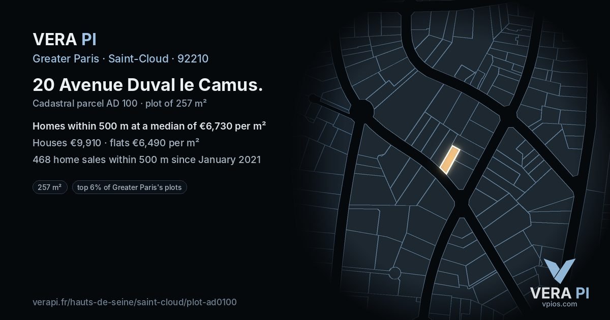 20 Avenue Duval le Camus, Saint-Cloud at night – the plot lit, the parcels around coloured by the prices near them