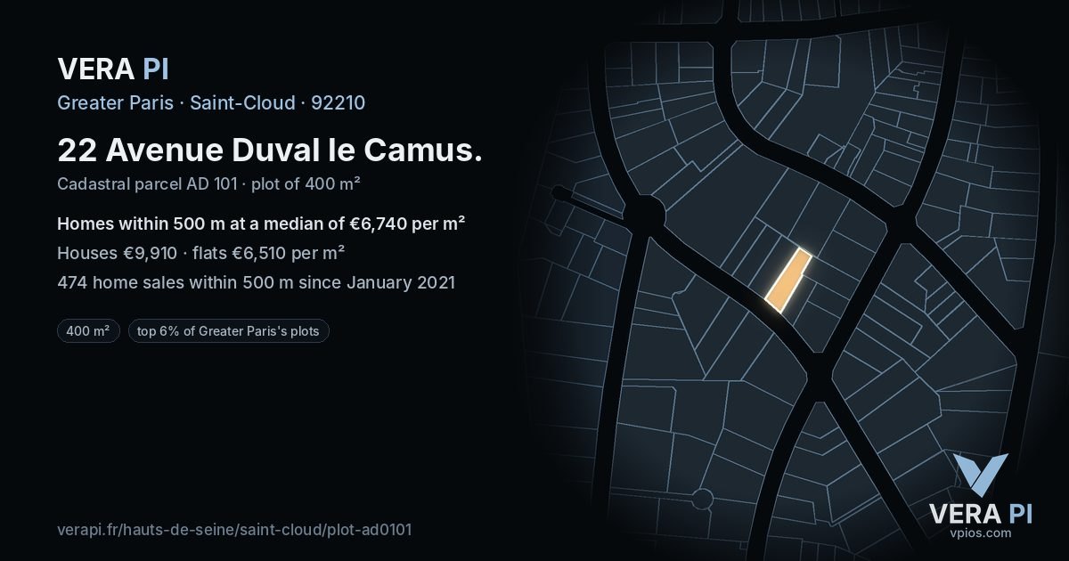 22 Avenue Duval le Camus, Saint-Cloud at night – the plot lit, the parcels around coloured by the prices near them