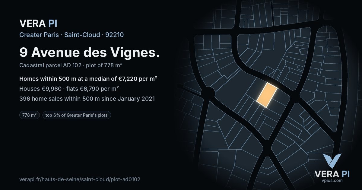 9 Avenue des Vignes, Saint-Cloud at night – the plot lit, the parcels around coloured by the prices near them