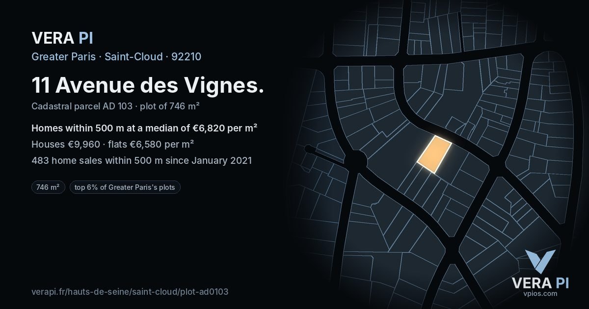 11 Avenue des Vignes, Saint-Cloud at night – the plot lit, the parcels around coloured by the prices near them