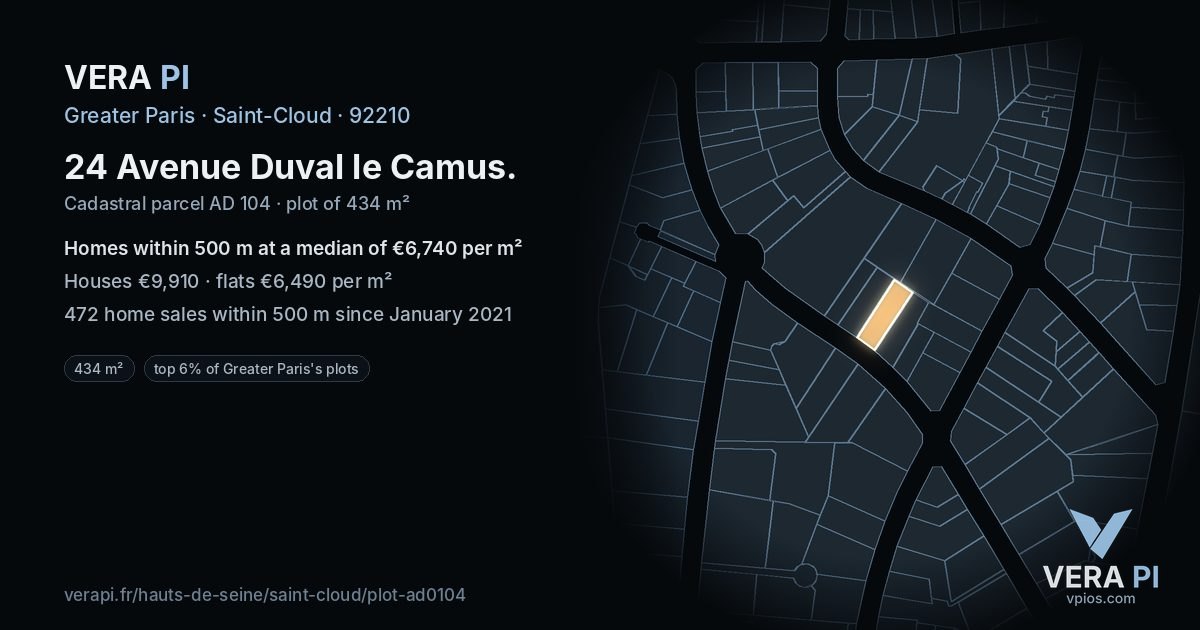 24 Avenue Duval le Camus, Saint-Cloud at night – the plot lit, the parcels around coloured by the prices near them