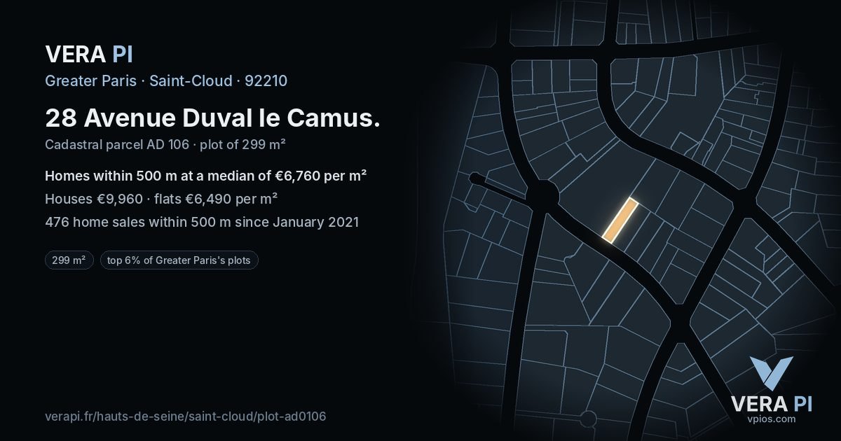 28 Avenue Duval le Camus, Saint-Cloud at night – the plot lit, the parcels around coloured by the prices near them