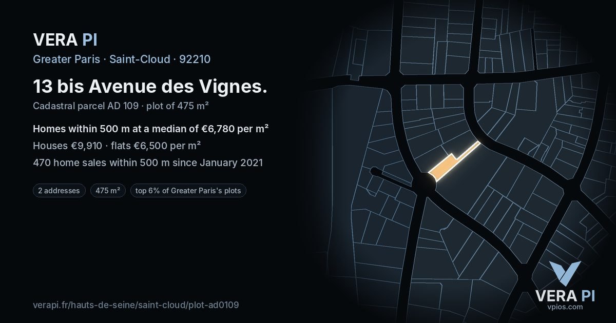 13 bis Avenue des Vignes, Saint-Cloud at night – the plot lit, the parcels around coloured by the prices near them