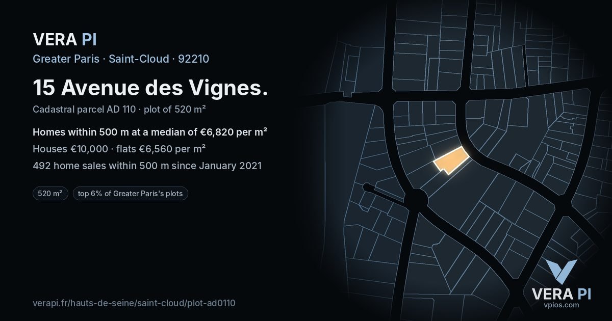 15 Avenue des Vignes, Saint-Cloud at night – the plot lit, the parcels around coloured by the prices near them