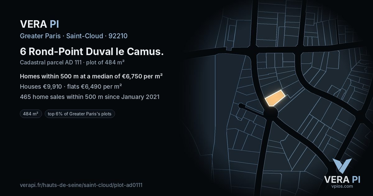 6 Rond-Point Duval le Camus, Saint-Cloud at night – the plot lit, the parcels around coloured by the prices near them