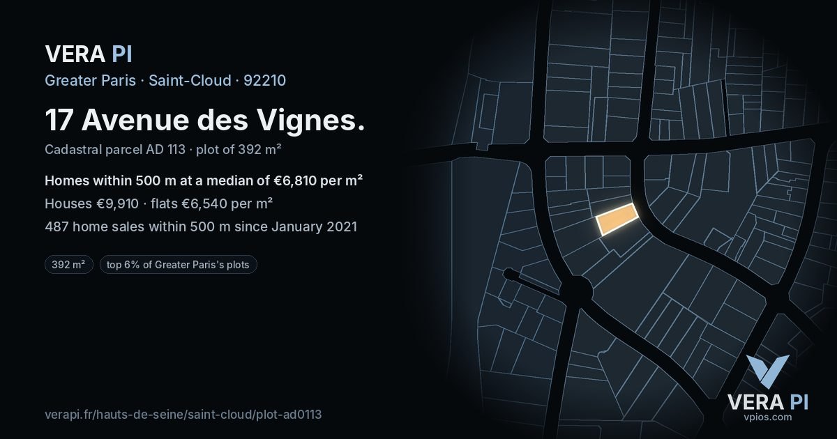 17 Avenue des Vignes, Saint-Cloud at night – the plot lit, the parcels around coloured by the prices near them
