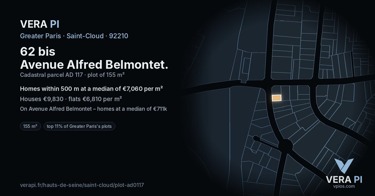 62 bis Avenue Alfred Belmontet, Saint-Cloud at night – the plot lit, the parcels around coloured by the prices near them