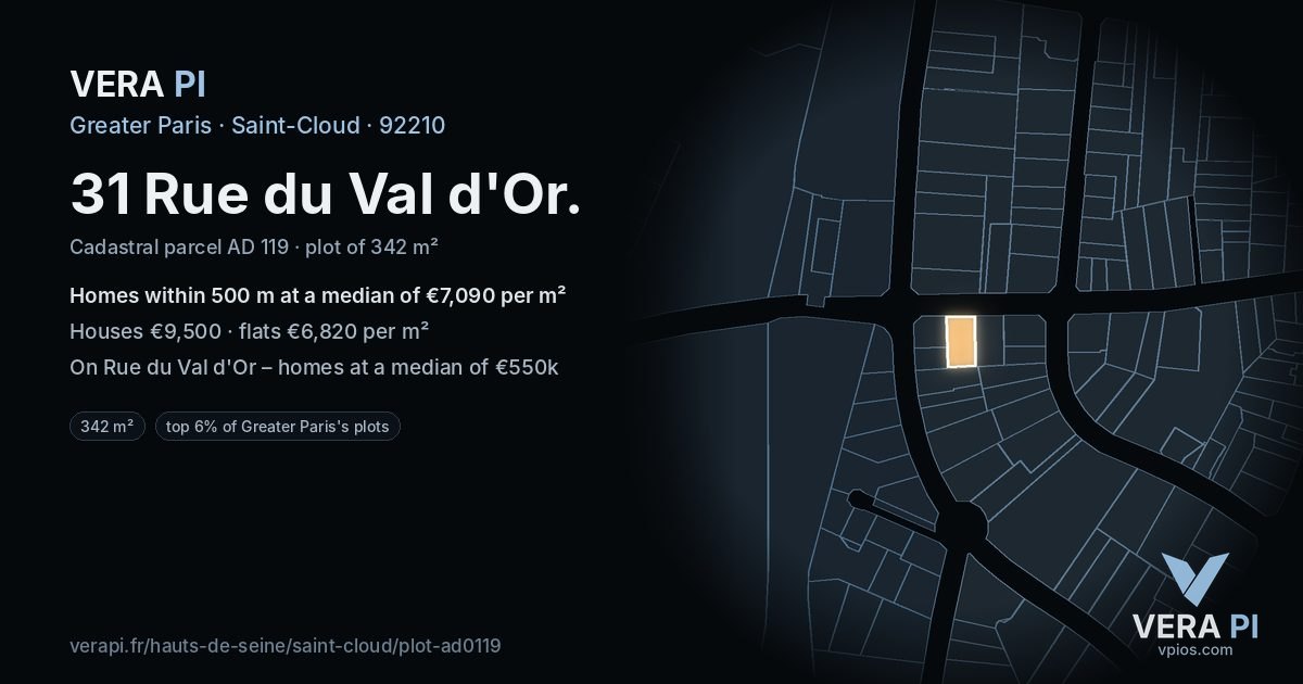 31 Rue du Val d'Or, Saint-Cloud at night – the plot lit, the parcels around coloured by the prices near them