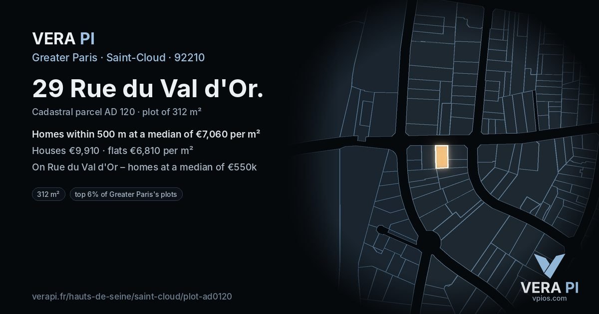 29 Rue du Val d'Or, Saint-Cloud at night – the plot lit, the parcels around coloured by the prices near them