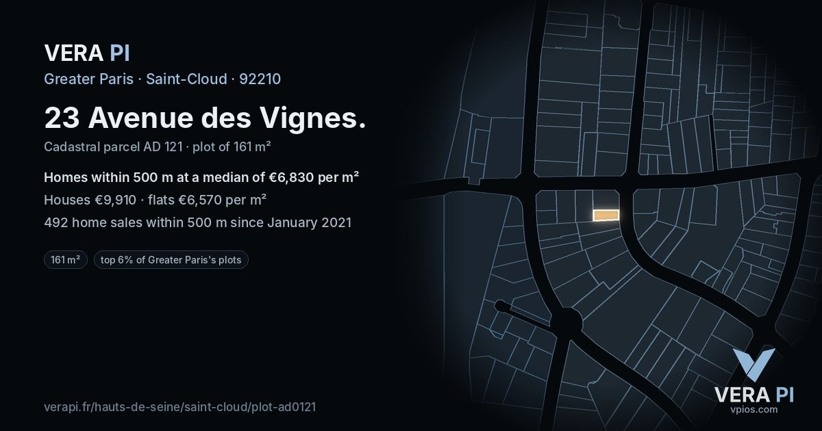 23 Avenue des Vignes, Saint-Cloud at night – the plot lit, the parcels around coloured by the prices near them