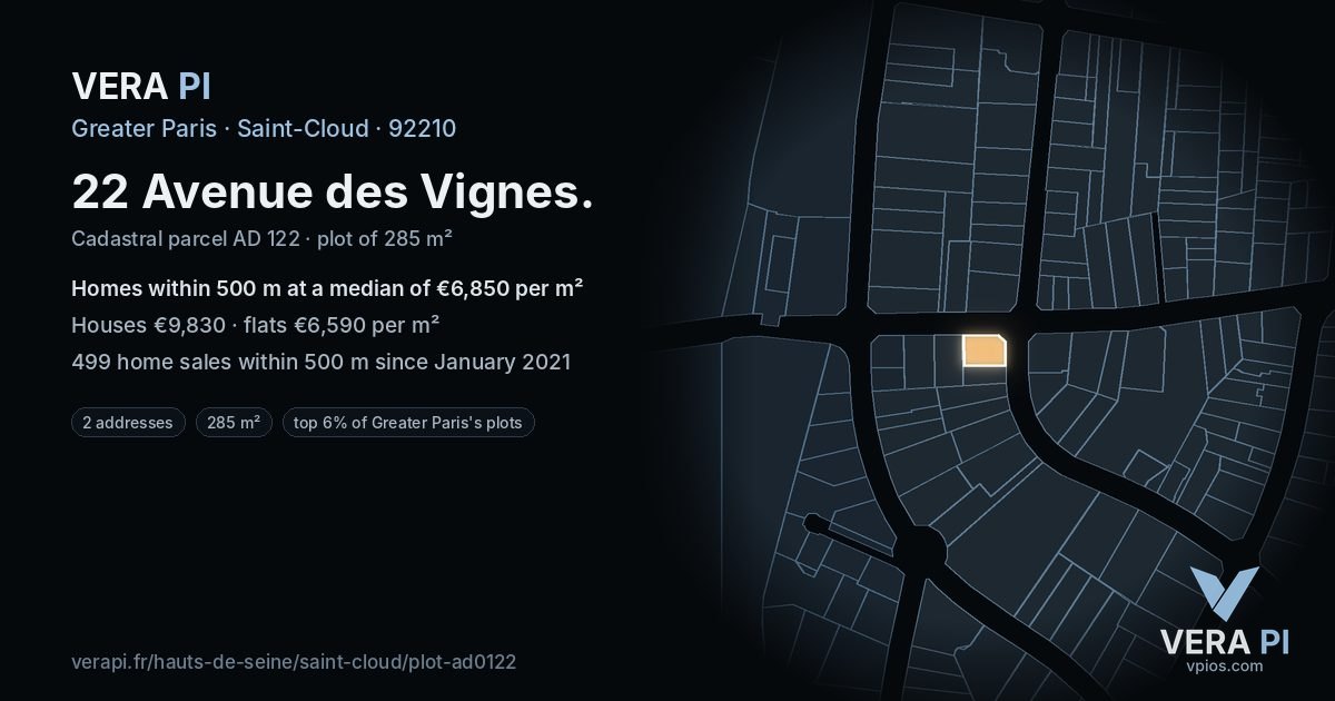 22 Avenue des Vignes, Saint-Cloud at night – the plot lit, the parcels around coloured by the prices near them