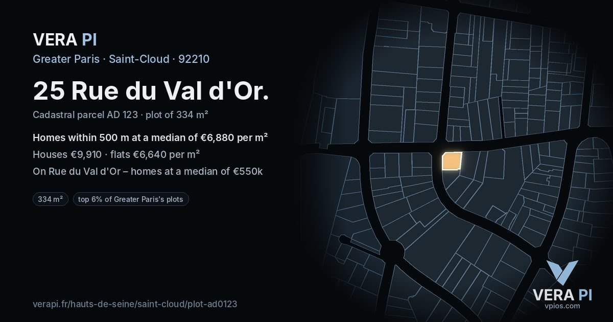 25 Rue du Val d'Or, Saint-Cloud at night – the plot lit, the parcels around coloured by the prices near them