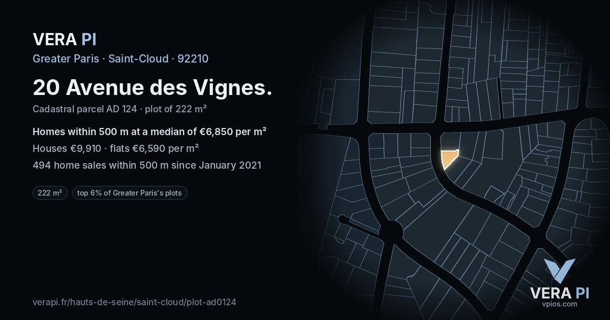 20 Avenue des Vignes, Saint-Cloud at night – the plot lit, the parcels around coloured by the prices near them