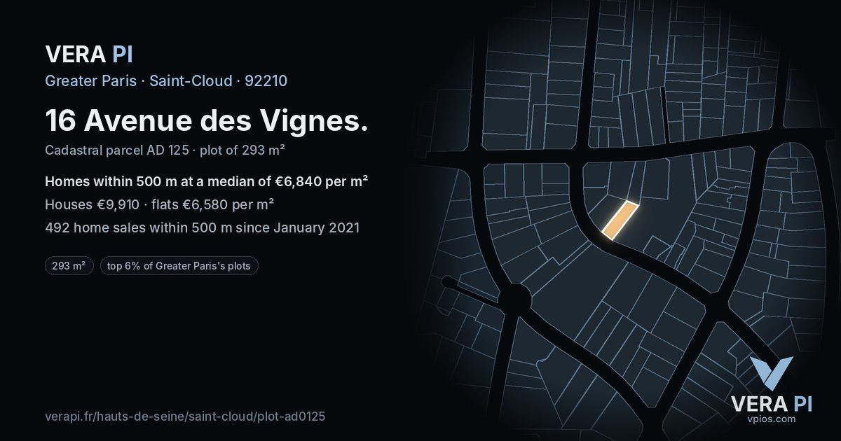 16 Avenue des Vignes, Saint-Cloud at night – the plot lit, the parcels around coloured by the prices near them