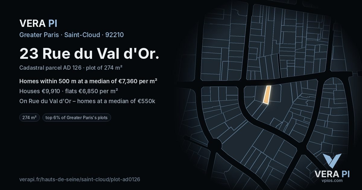 23 Rue du Val d'Or, Saint-Cloud at night – the plot lit, the parcels around coloured by the prices near them