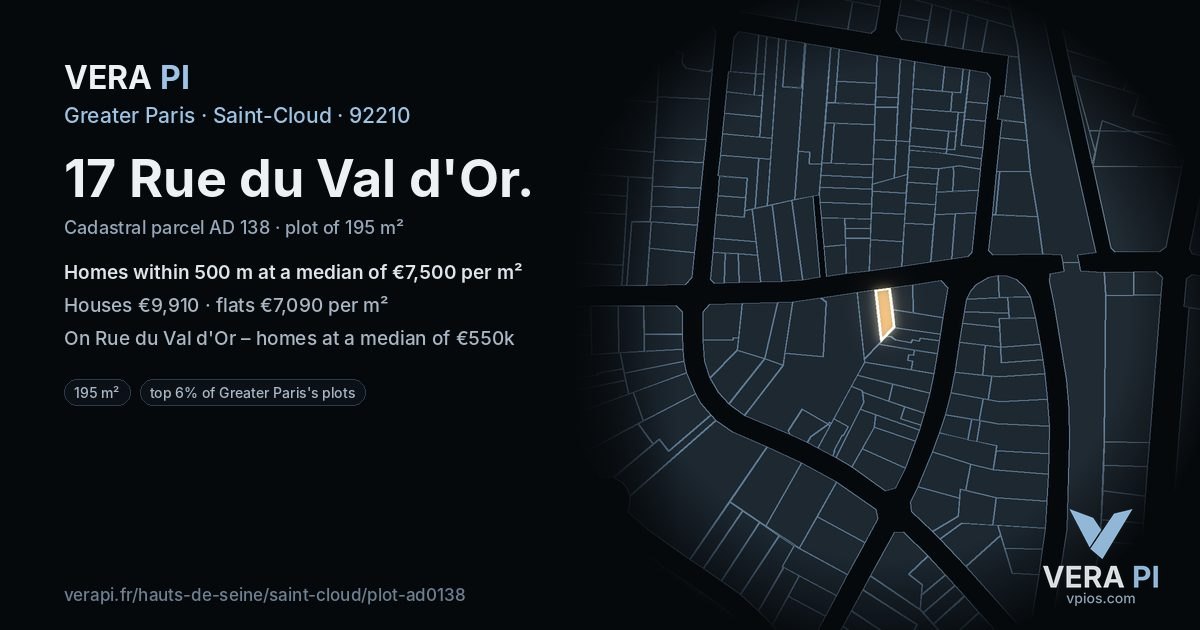 17 Rue du Val d'Or, Saint-Cloud at night – the plot lit, the parcels around coloured by the prices near them
