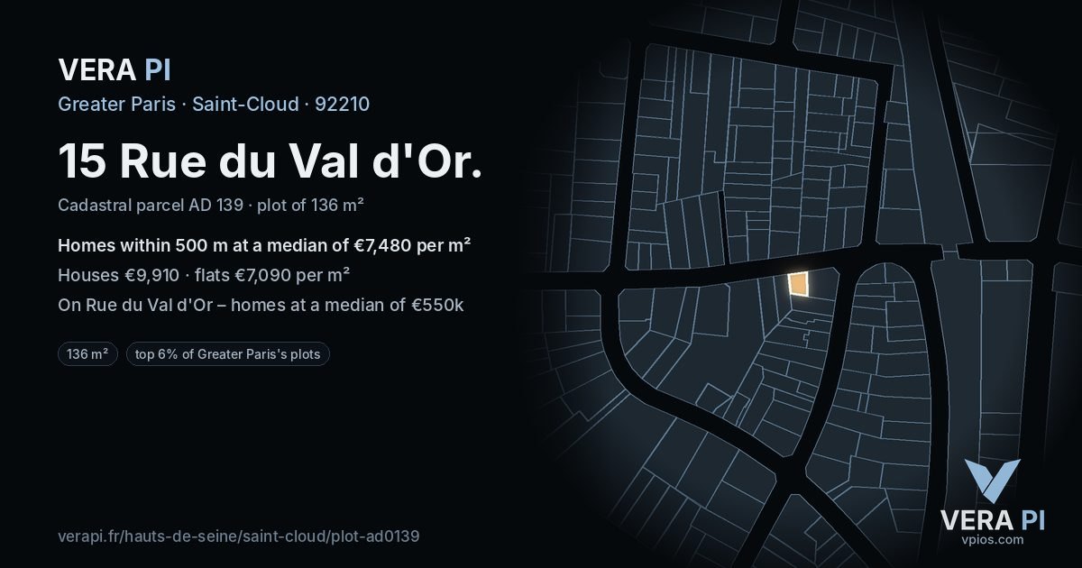 15 Rue du Val d'Or, Saint-Cloud at night – the plot lit, the parcels around coloured by the prices near them
