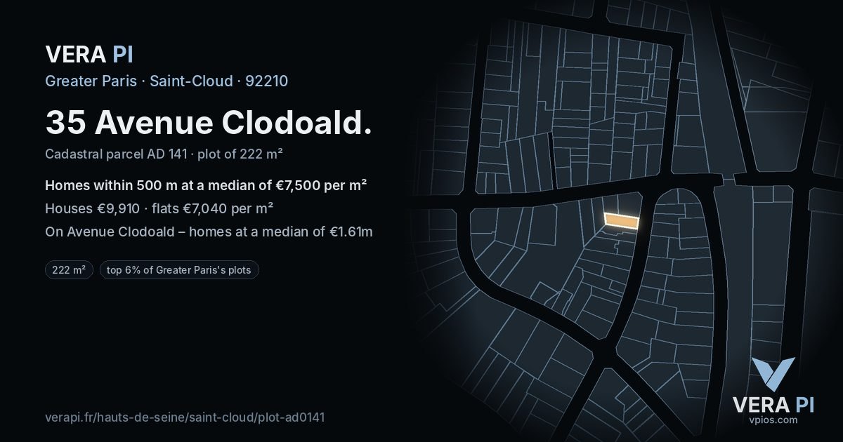 35 Avenue Clodoald, Saint-Cloud at night – the plot lit, the parcels around coloured by the prices near them