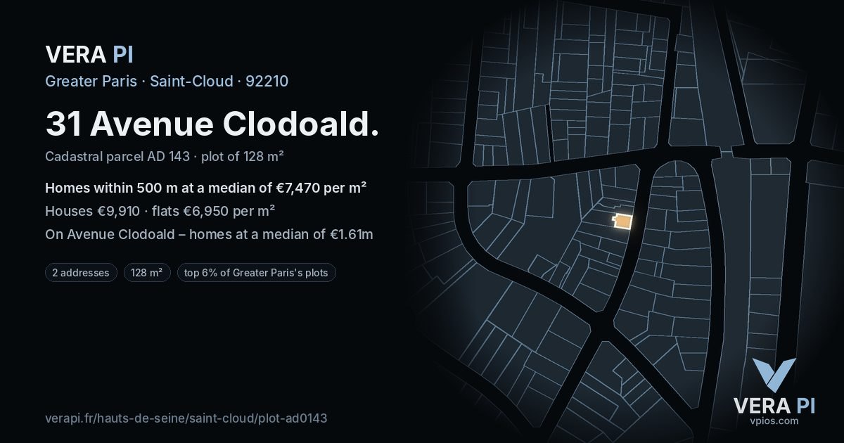31 Avenue Clodoald, Saint-Cloud at night – the plot lit, the parcels around coloured by the prices near them
